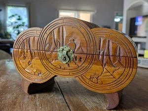Antike Holz tief geschnitzte Schmuckschatulle asiatisch zylindrisch kunstvoll Mahagoni - Bild 1 von 19