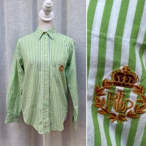 Blusa Camisa Lauren Ralph Lauren Verde y Blanco Rayas Botón Abajo Cresta - Imagen 1 de 10