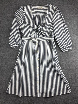 Madewell 连衣裙女式 12 蓝色白色条纹领带正面纽扣迷笛口袋 — 第 1/4 张图片