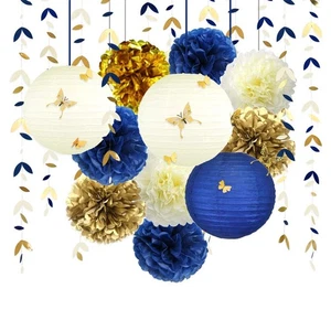 Navy Blue and Gold Party Decoration Kit Lanterns Flowers Pom Pom with Champag... - Picture 1 of 6