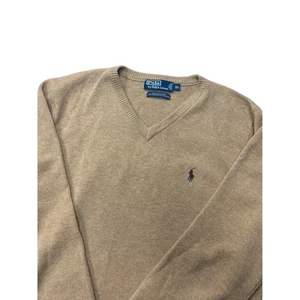 Polo Ralph Lauren Herren V-Neck Pullover XL hellbraun 100% Lammwolle Pony Logo Pulli - Bild 1 von 9