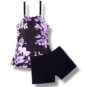  Womens Tankini Swimsuit Set Black Purple Floral Top with Swim Shorts Size Large - Picture 1 of 6