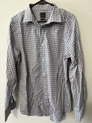 Мужская приталенная рубашка Gap без железа серая клетчатая с длинным рукавом на пуговицах большого размера - Изображение 1 из 4