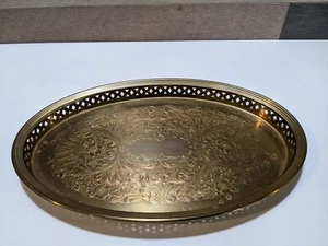 VINTAGE East Indian ORNATE BRASS Etched Oval Serving Tray - Handmade - Picture 1 of 11