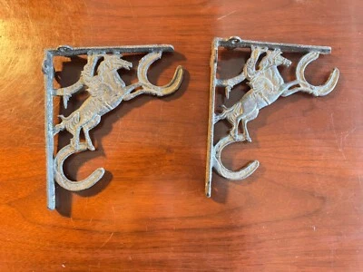 (2) Vintage Antique Cast Iron or Steel Shelf Brackets Cowboy Rodeo Horses Kids. - Image 1 of 4