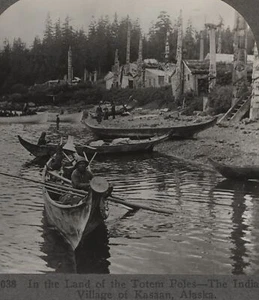 Tótem Polos Indian Village Kasaan Alaska Keystone Stereoview c1900 - Imagen 1 de 5