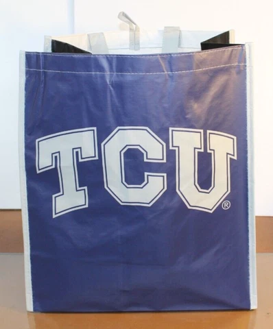 TCU Horned Frogs Recycle Plastic Reusable Grocery Tote Bag Purple White New Tags Cover