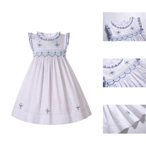 Vestito bianco romantico smocked bambina vestito con volant festa battesimo 1-4 anni US - Foto 1 di 11