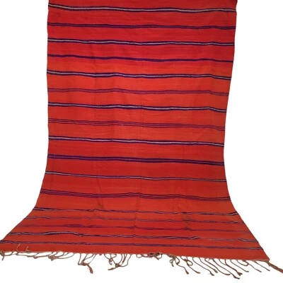 Vintage Handmade Moroccan Red Wool Rug Blue Stripes Berber Tribal Carpet 10X6 ft - Image 1 of 4