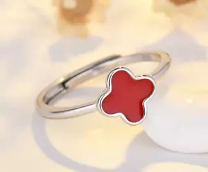 White Gold Flower Lucky Clover Silver Red Black Party Adjustable Ring - Picture 1 of 4