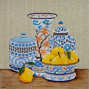 Needlepoint Hand Painted JP Needlepoint Blue Vases and Lemons 14x14 - Picture 1 of 1