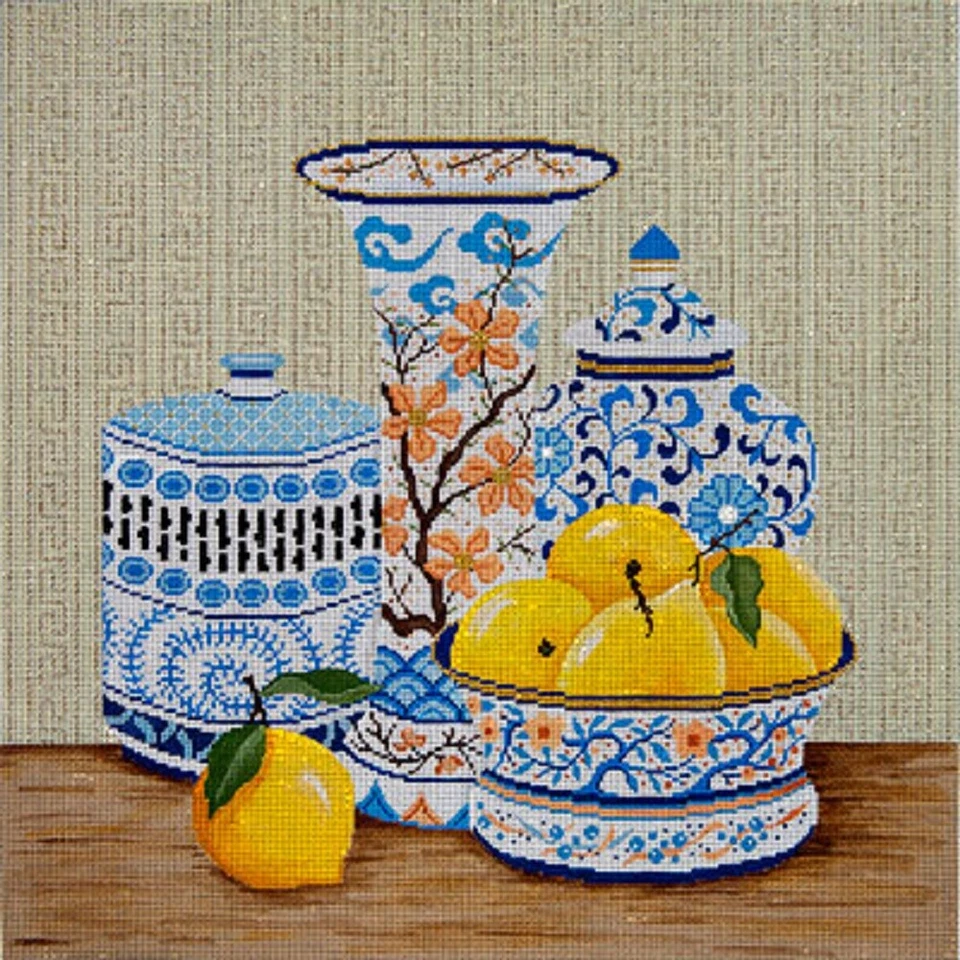 Needlepoint Hand Painted JP Needlepoint Blue Vases and Lemons 14x14 - Image 1 of 1