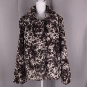 Vtg Womens Jacket Large Dark Brown Fluffy Plush Button Faux Fur Coat Retro Y2K - Picture 1 of 13