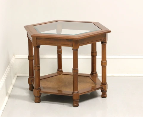 Mid 20th Century Walnut Hexagonal Glass Top Accent Table with Caned Shelf Cover