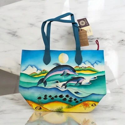 SUKRITI Multicolored Dolphin Ocean Sea Hand Painted Tote Bag NWT - Image 1 of 4
