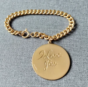 VTG 50s CORO Large Round “I Love You” Charm on Gold Tone Chain Bracelet Signed - Picture 1 of 5