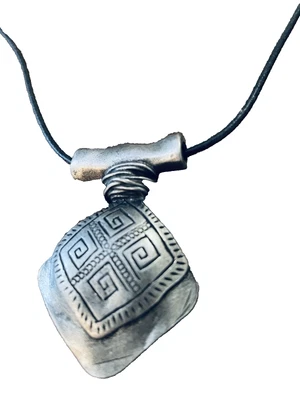 Chico's Pendant Necklace 22" Blk Cord Tribal Glyphs Antiqued Mixed Metal Beads - Image 1 of 4