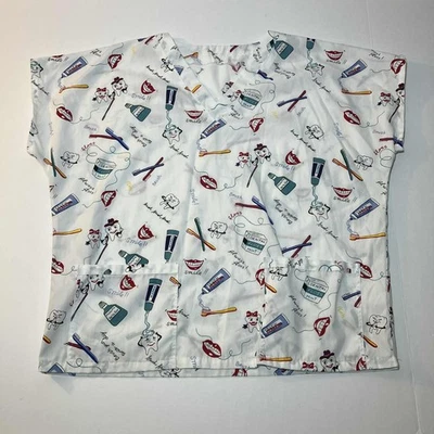 Womens V-neck Scrubtop 1X Dentist Teeth and Phrases Medical Uniform - Image 1 of 4