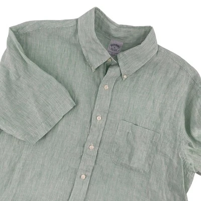 Brooks Brothers Mens XL Green Striped Linen Short Sleeve Button Down Shirt - Image 1 of 4