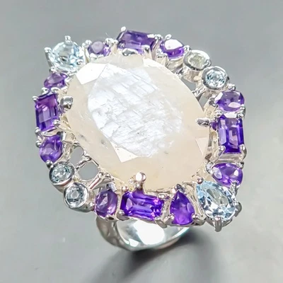 Anillo único 28 quilates anillo piedra lunar natural plata de ley 925 tamaño 7,5/R447207 Foto 1 de 4