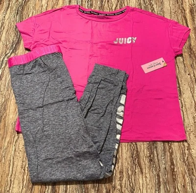 Juego de pijama Juicy Couture 2 piezas rosa superior gris pantalones lámina logotipo talla XL Foto 1 de 4