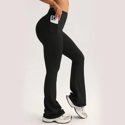 Mujer Acampanadas Leggings Cintura Alta Control Abdomen Bootcut Yoga Pantalones con Bolsillo Foto 1 de 4