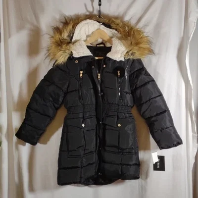 NWT Girl's Steve Madden Black Puffer Coat with Faux Fur Hood - Size L (14/16) - Image 1 of 4