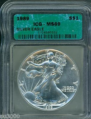 1989 American Silver Eagle ASE S$1 ICG MS69 MS-69 BEAUTIFUL Premium Quality PQ++ - Image 1 of 2