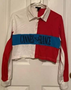 Forever 21 Shirt Women’s Medium Cannes France Cropped Long Sleeve Red White - Picture 1 of 6
