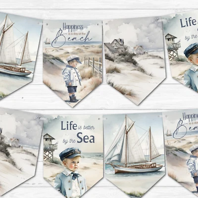 Decoración náutica vintage acuarela Little Sailor de playa con bunting junto al mar Foto 1 de 4