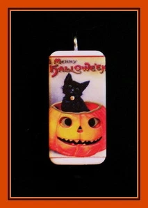 Colgante dominó postal vintage gatito en calabaza (FELIZ HALLOWEEN) - Imagen 1 de 1