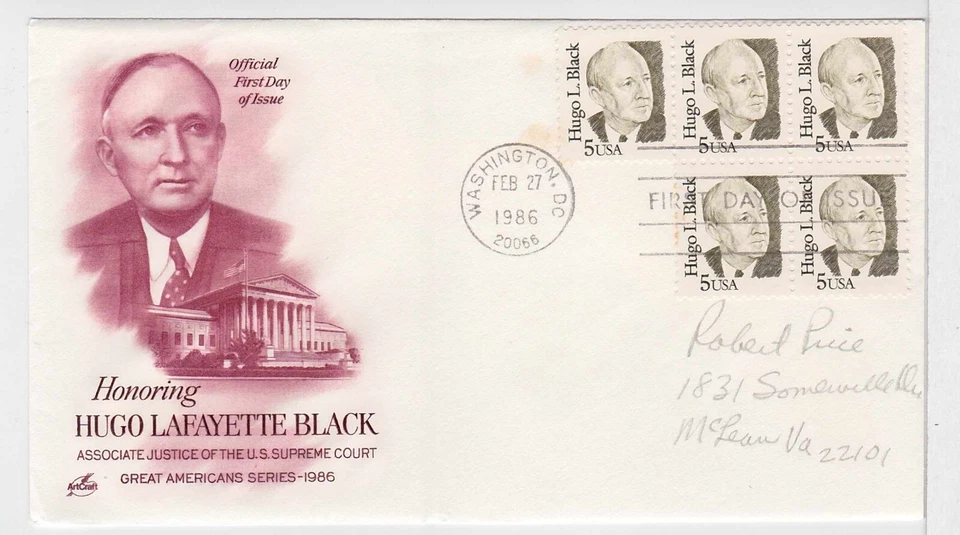 TurtlesTradingPost- Hugo Lafayette Black 1986 #2172- FDC Artcraft Cachet - Image 1 of 1
