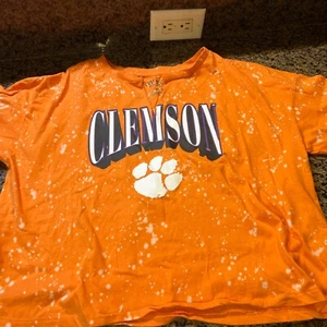Women's WEAR by Erin Andrews Orange Clemson Tigers Bleach Wash Splatter Cropped - Picture 1 of 4