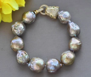 8" 16mm Lavender Peacock Almost-Round Edison Keshi Pearl Bracelet CZ - Picture 1 of 3