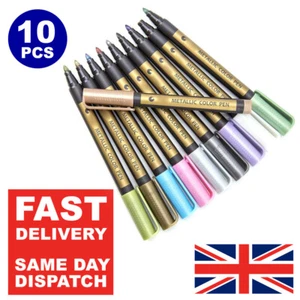 10 METALLIC PENS PAINT MARKER FOR PAPER GIFT CARD GLASS WOOD METAL ROCK FABRIC - Picture 1 of 13
