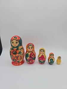 Vintage Russian Matryoshka Nesting Dolls 5pc Hand Painted Wooden Bright Colorful - Picture 1 of 9
