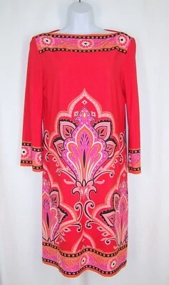 Vestido recto retro London Times rojo naranja 10 tejido elástico colorido estampado cachemir Foto 1 de 4