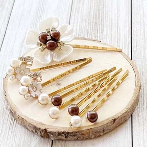 Brown Pearl Hair Pins, Bridal Hair Pin Set, Wedding Hair Jewelry for Bride, Whit - Picture 1 of 6