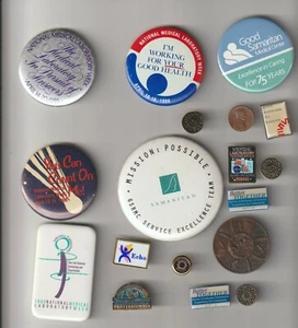 Pin Back Button Group - Mostly 1980s, Healthcare Related & St. Christopher Medal - Picture 1 of 2