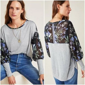 Anthropologie Top L TINY Floral RAYE PRINTED Heathered Grey Juliet Sleeve NWT - Picture 1 of 4