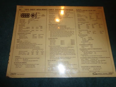 1970 CHEVROLET MONTE CARLO / CHEVELLE 350 ENGINE SUN TUNE-UP CHART / 2BBL 250HP - Image 1 of 2