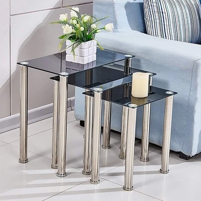 Nest of 3 Modern Coffee Table Set Rectangular Glass Top Chrome Metal Legs Black - Image 1 of 4