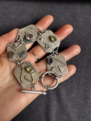 925 Sterling Silver Peridot Citrine Artists Panel Tennis Bracelet -20cm 46.5g - Image 1 of 4