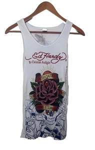 Ed Hardy Christian Audigier Ribbed Tank Top Rose Skull Rhinestone One Size White - Picture 1 of 8