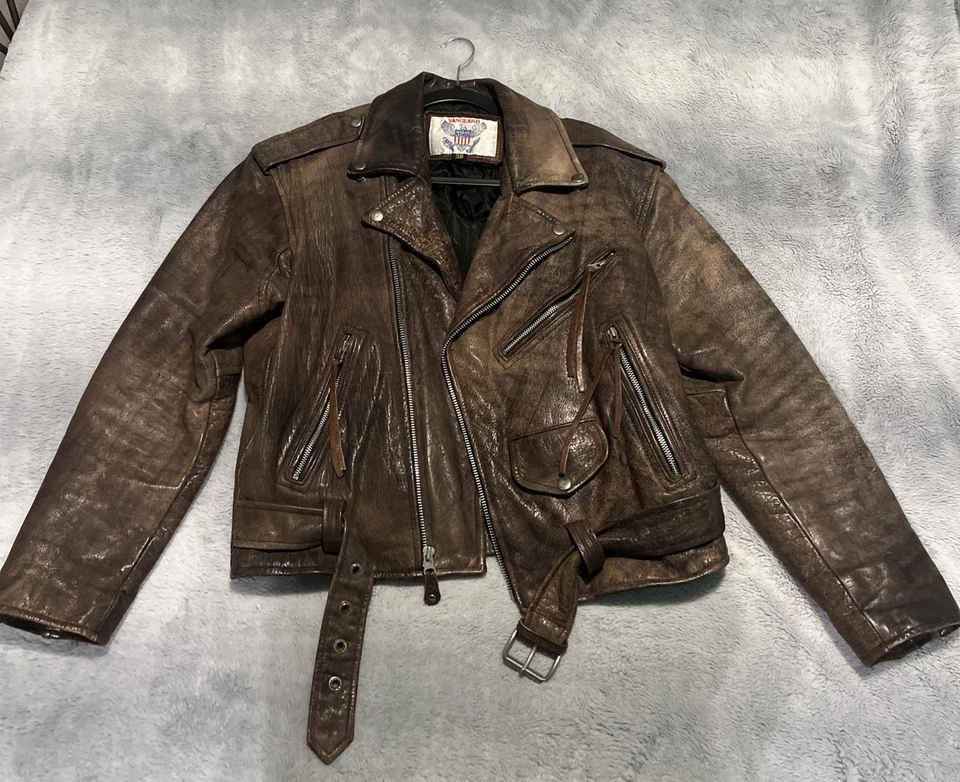 Chaqueta estilo moto vintage de cuero marrón Vanguard talla mediana Foto 1 de 4