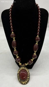 22" Red Color Hydro Necklace w Oval Pendant Gold Tone - Picture 1 of 8