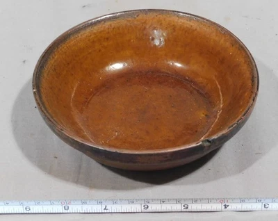 Antique redware dish bowl brown speckled lead glaze early 18th 19th c. reddish - Image 1 of 4
