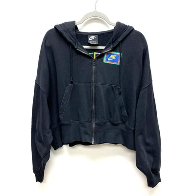 Chaqueta activa Nike para mujer negra bordada signo de la paz con capucha recortada cremallera completa M Foto 1 de 4