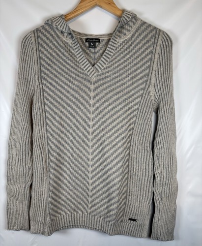 OFF WHITE Felpa con cappuccio donna Eddie Bauer grigio panna pullover tasca taglia small