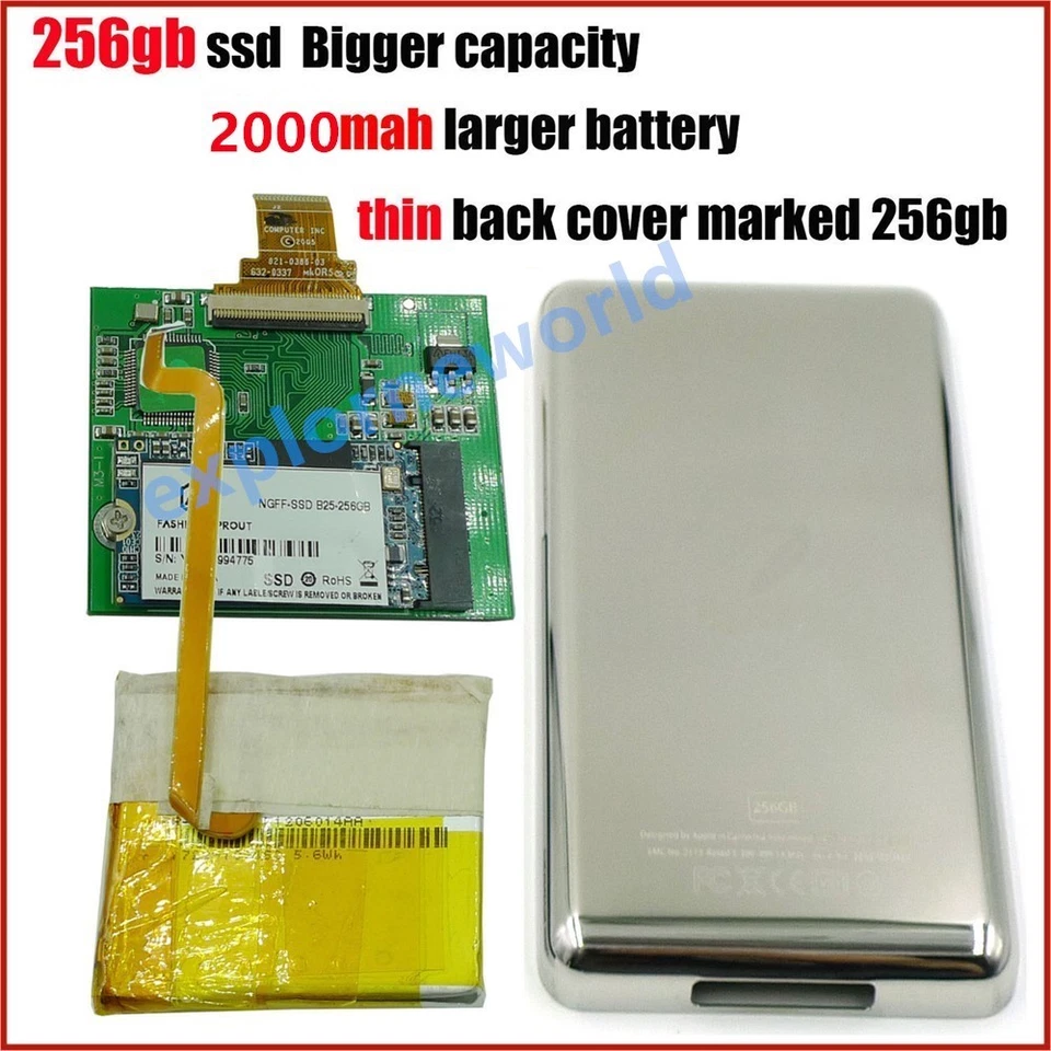 256GB SSD + 2000mAh battery + Case for iPod Classic 7th Gen 1.8" MK1634GAL 160GB - Image 1 of 4